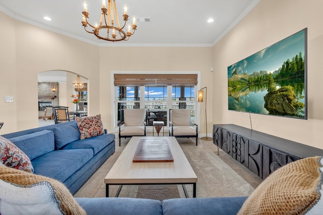 131 High Lonesome Dr, Alpine, TX 79830 - living area featuring a chandelier, light colored carpet, arched walkways, ornamental molding, and recessed lighting