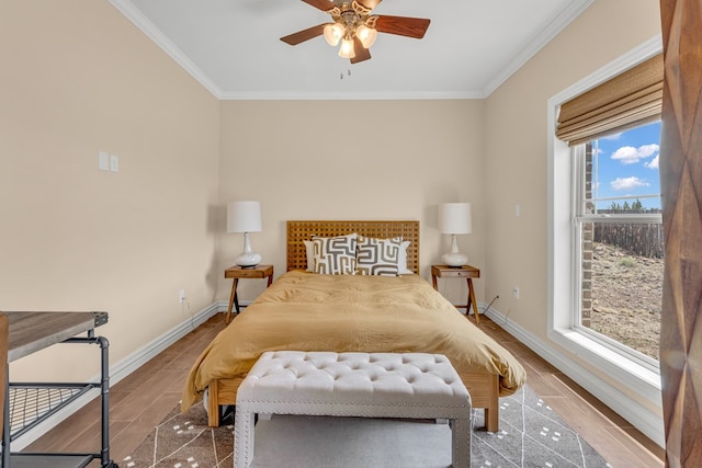 131 High Lonesome Dr, Alpine, TX 79830 - bedroom featuring crown molding, baseboards, ceiling fan, and wood finished floors