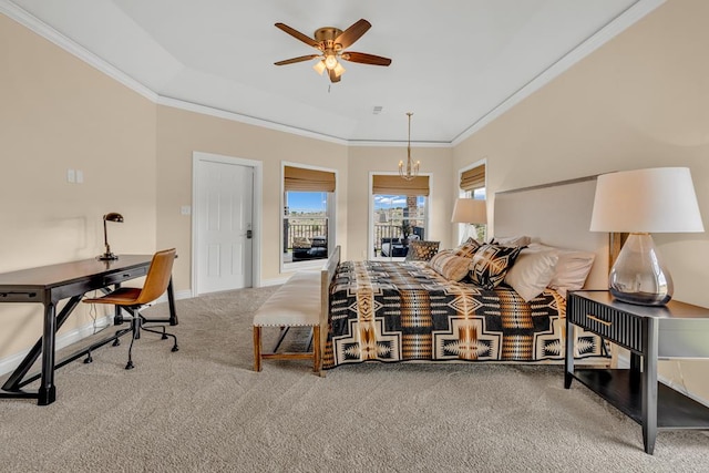 131 High Lonesome Dr, Alpine, TX 79830 - bedroom featuring carpet, ornamental molding, baseboards, access to outside, and a chandelier
