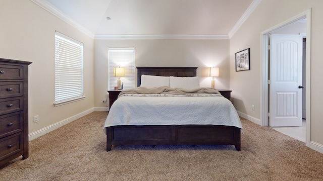 bedroom featuring ornamental molding, multiple windows, and light colored carpet