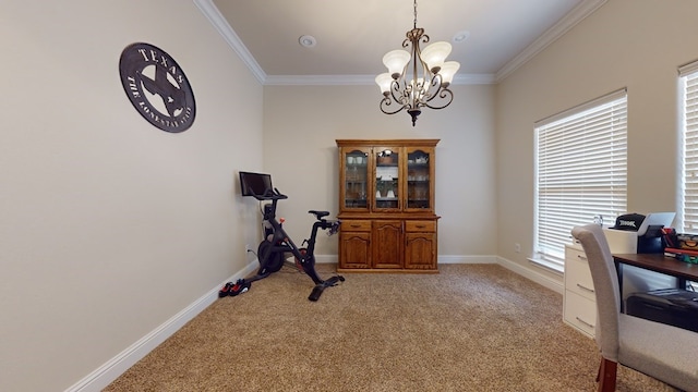 workout area featuring crown molding, baseboards, a chandelier, and light colored carpet