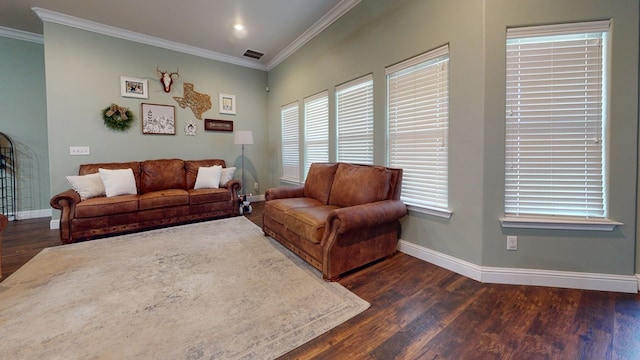 living area featuring ornamental molding, dark wood-type flooring, and baseboards