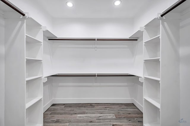 walk in closet with dark wood-type flooring