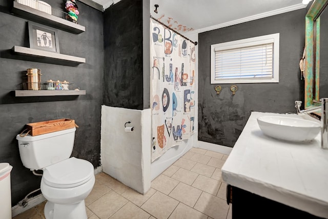 full bath featuring toilet, ornamental molding, vanity, baseboards, and tile patterned floors