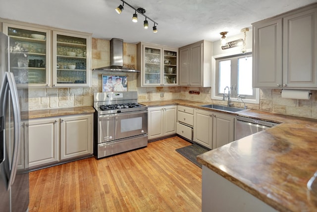 kitchen featuring a sink, appliances with stainless steel finishes, wall chimney range hood, decorative backsplash, and light wood finished floors