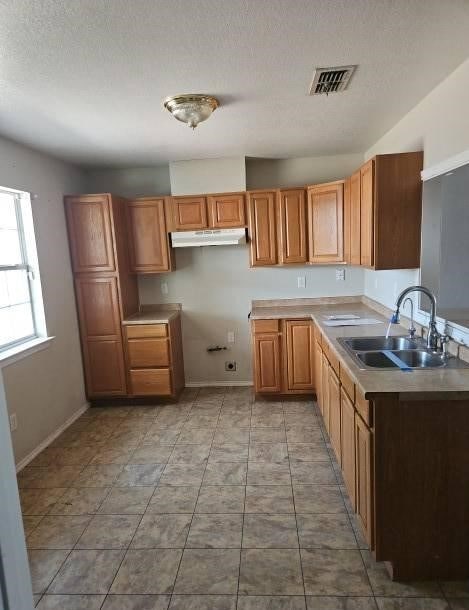 kitchen featuring visible vents, baseboards, a textured ceiling, under cabinet range hood, and a sink