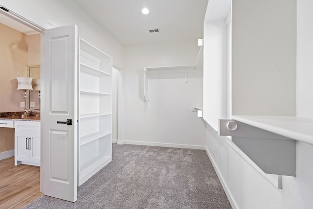 spacious closet featuring light carpet