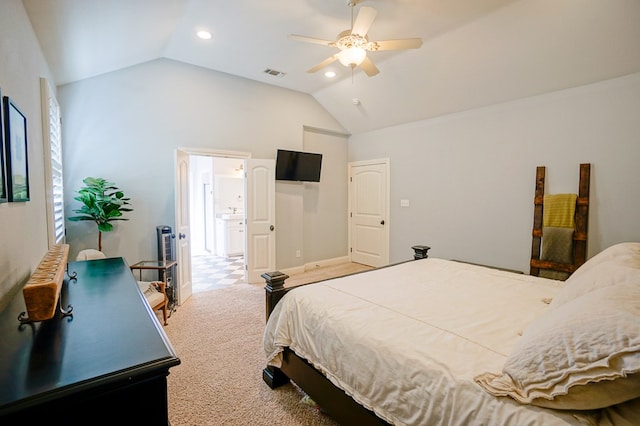 carpeted bedroom with lofted ceiling, recessed lighting, visible vents, a ceiling fan, and ensuite bath