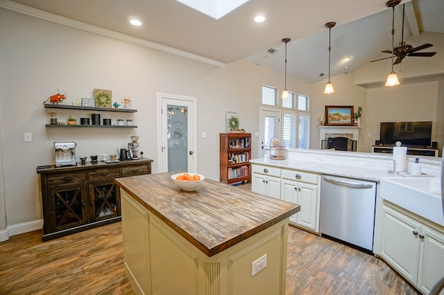 kitchen featuring a fireplace, open floor plan, stainless steel dishwasher, and wood finished floors