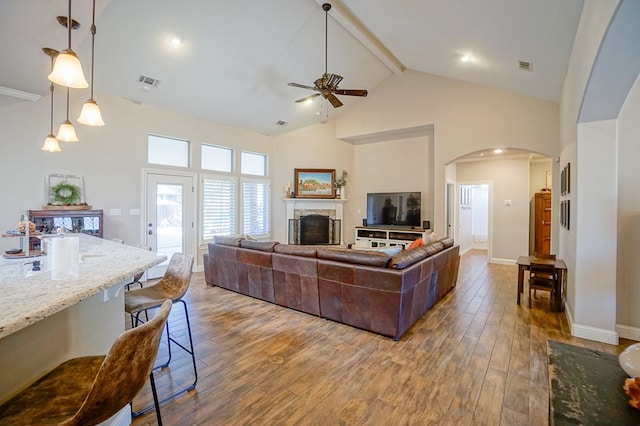 living area with arched walkways, high vaulted ceiling, a fireplace, wood finished floors, and visible vents