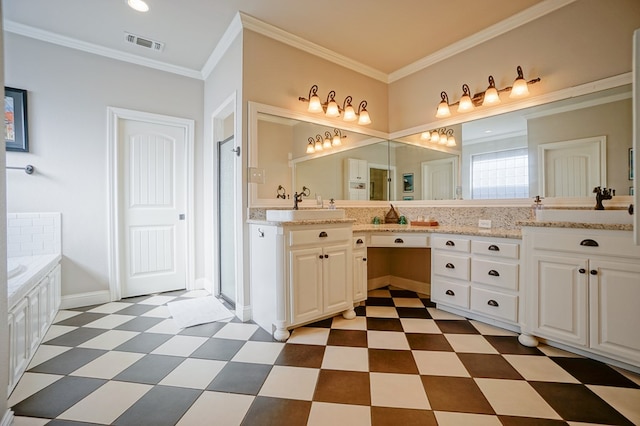 full bathroom featuring ornamental molding, a stall shower, visible vents, and tile patterned floors