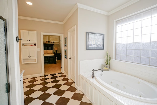 full bath featuring crown molding, a jetted tub, a shower stall, and tile patterned floors