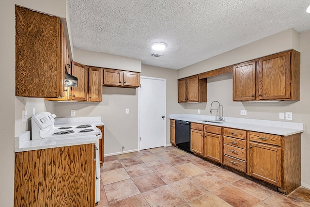 kitchen with dishwasher, white electric range oven, exhaust hood, brown cabinetry, and a sink