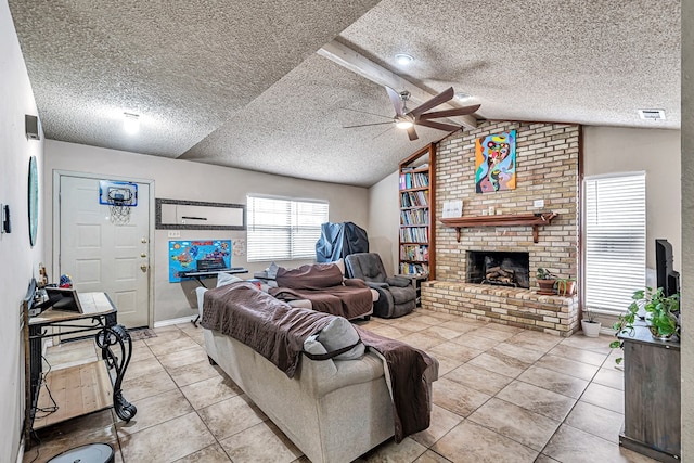 living room with visible vents, a brick fireplace, ceiling fan, lofted ceiling, and a textured ceiling