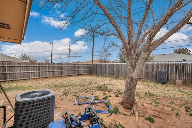 view of yard featuring central air condition unit and a fenced backyard