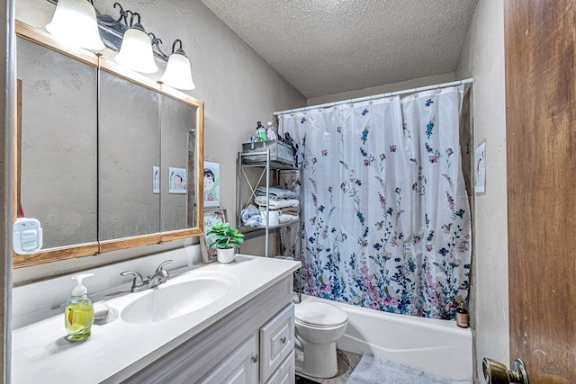 full bath featuring vanity, shower / bathtub combination with curtain, tile patterned flooring, a textured ceiling, and toilet