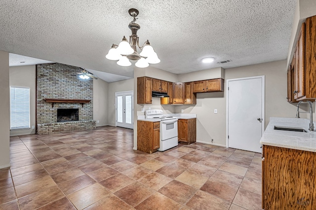 kitchen with open floor plan, a fireplace, white electric range oven, brown cabinetry, and a sink