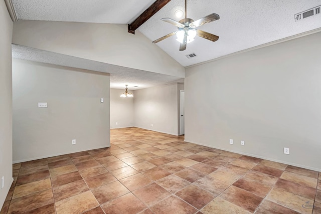 unfurnished room featuring visible vents, a textured ceiling, vaulted ceiling with beams, and ceiling fan with notable chandelier