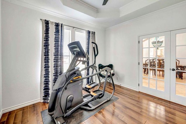 10104 E County Rd 103, Midland, TX 79706 - exercise room featuring a tray ceiling, wood finished floors, ornamental molding, french doors, and baseboards