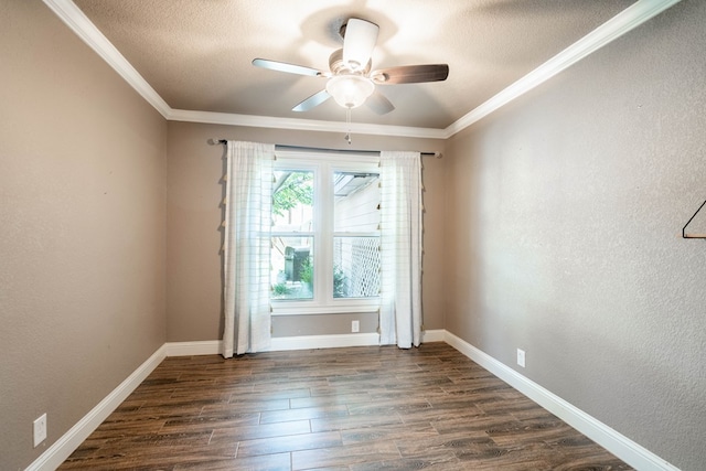 2205 Boyd Ave, Midland, TX 79705 - empty room featuring ceiling fan, ornamental molding, a textured ceiling, dark wood-type flooring, and a textured wall