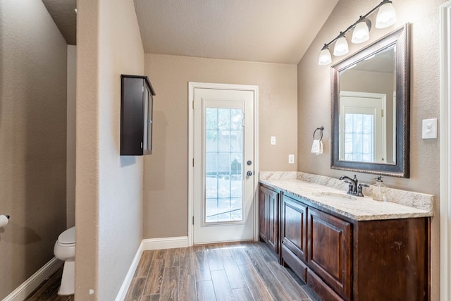 2205 Boyd Ave, Midland, TX 79705 - bathroom featuring wood finished floors, vanity, healthy amount of natural light, and vaulted ceiling