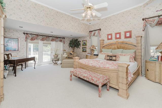 bedroom with wallpapered walls, a ceiling fan, ornamental molding, carpet, and access to outside