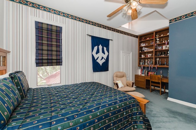 bedroom with baseboards, carpet flooring, a ceiling fan, and wallpapered walls