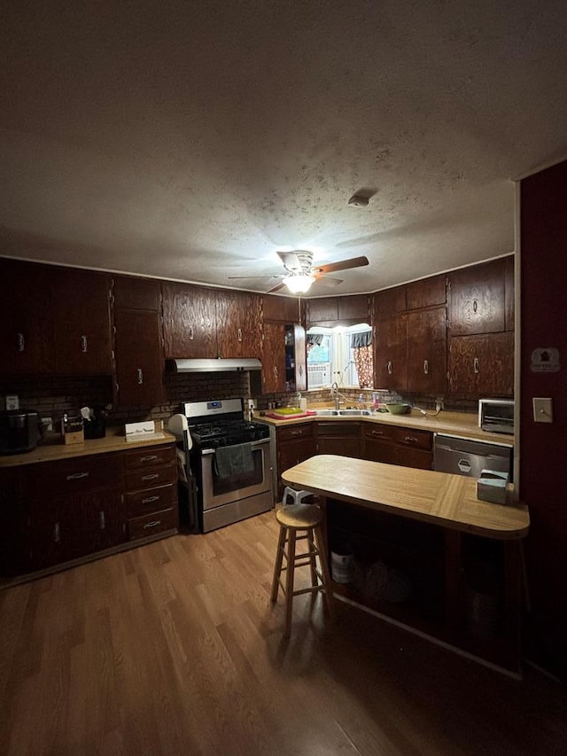 3103 Hill Ave, Snyder, TX 79549 - kitchen with stainless steel appliances, under cabinet range hood, light wood-style flooring, dark brown cabinetry, and light countertops