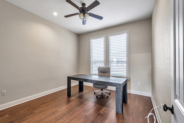 office featuring ceiling fan and dark hardwood / wood-style flooring