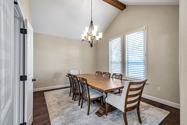 dining room featuring dark wood-type flooring, an inviting chandelier, and vaulted ceiling with beams