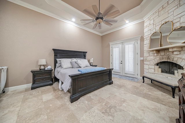 bedroom with access to exterior, ceiling fan, french doors, a fireplace, and ornamental molding