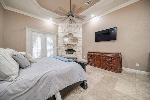 bedroom with french doors, access to outside, ceiling fan, and crown molding