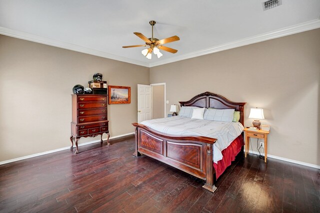 5810 Sterling Pl, Midland, TX 79707 - bedroom with baseboards, dark wood finished floors, crown molding, and a ceiling fan