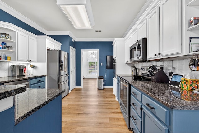 5604 Crowley Blvd, Midland, TX 79707 - kitchen featuring open shelves, appliances with stainless steel finishes, blue cabinets, white cabinetry, and crown molding
