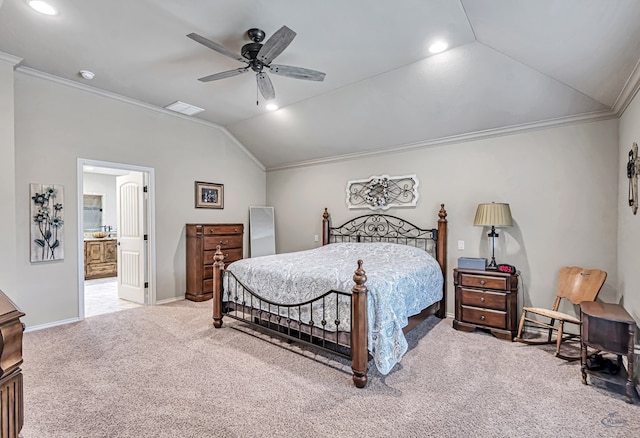 carpeted bedroom featuring lofted ceiling, crown molding, and baseboards