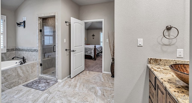 bathroom featuring a garden tub, a stall shower, vanity, and a healthy amount of sunlight