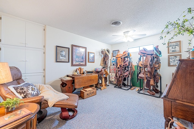 3615 W Wadley Ave, Midland, TX 79707 - living area featuring carpet flooring, ceiling fan, and a textured ceiling