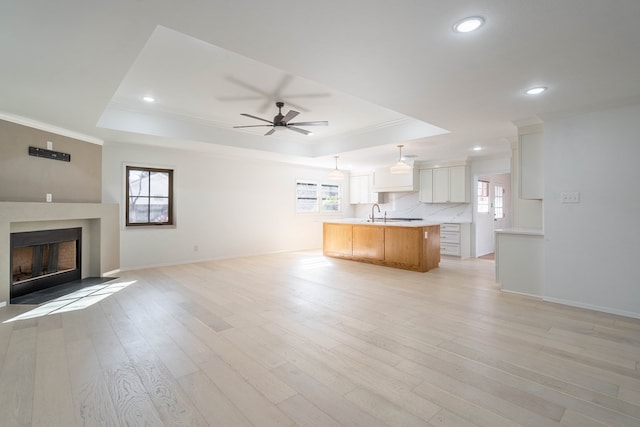 unfurnished living room featuring a healthy amount of sunlight, a tray ceiling, and light hardwood / wood-style flooring