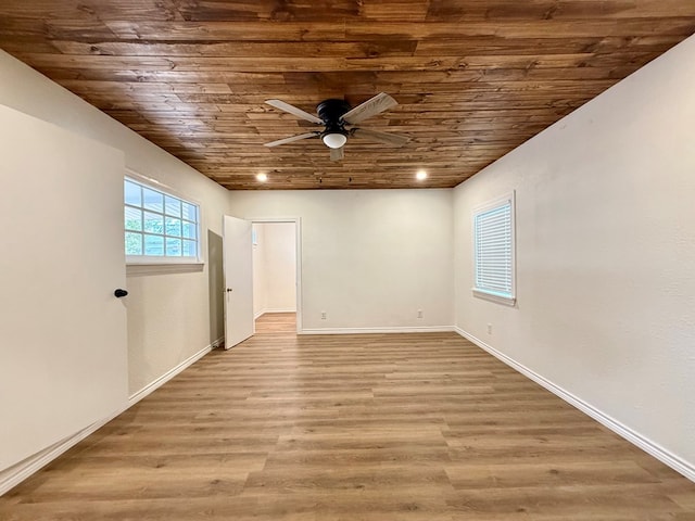 empty room with wood ceiling, ceiling fan, and light wood-type flooring