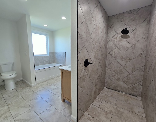 full bathroom with plus walk in shower, toilet, and vanity