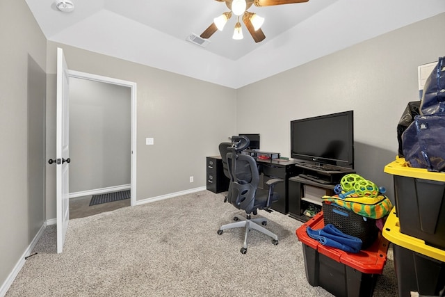 5712 Carmel Ct, Midland, TX 79707 - carpeted office with ceiling fan and a raised ceiling
