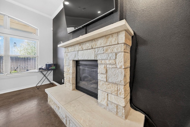 5712 Carmel Ct, Midland, TX 79707 - detailed view of crown molding, a fireplace, and finished concrete flooring