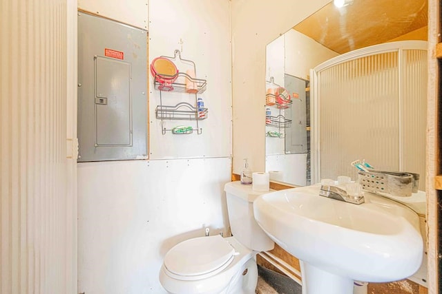 bathroom featuring electric panel, toilet, and sink