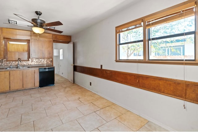 kitchen featuring tasteful backsplash, ceiling fan, dishwasher, and sink