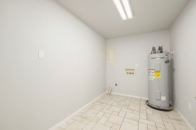 laundry area with laundry area, baseboards, electric water heater, hookup for an electric dryer, and washer hookup