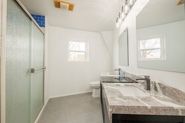 full bath with a stall shower, baseboards, visible vents, toilet, and vanity