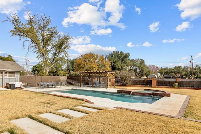 view of pool featuring a fenced in pool, a patio, an in ground hot tub, fence private yard, and a pergola