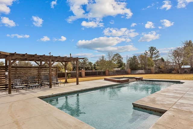 view of swimming pool featuring fence private yard, a pool with connected hot tub, a patio, and a pergola