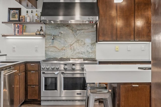 kitchen with dark brown cabinetry, backsplash, stainless steel appliances, ventilation hood, and a sink