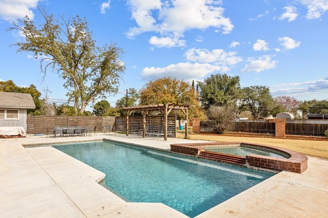 view of pool with a patio area, a fenced backyard, a pool with connected hot tub, and a pergola